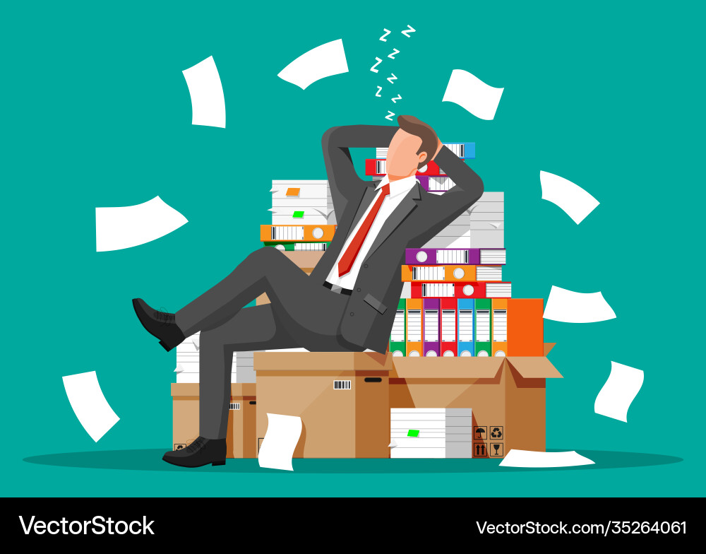 Business man character sleep in bunch papers Business man character sleep in bunch papers Vector Image