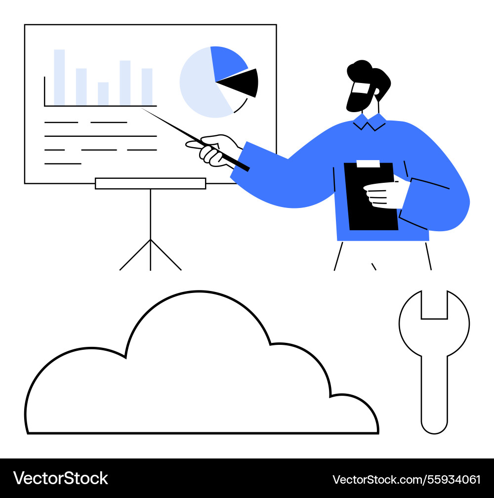 Presenter analyzing data charts with cloud vector image