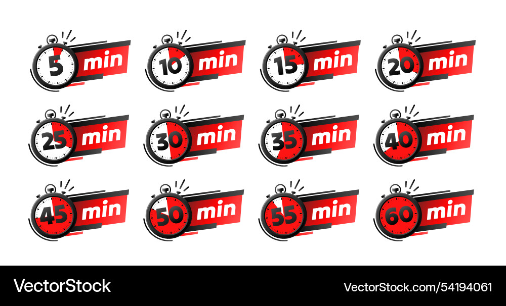 Set of timers 5 10 15 20 minutes on the timer vector image