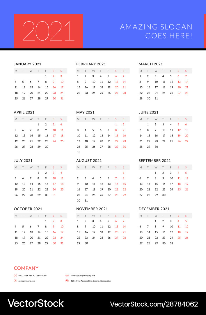 Kalender für 2021 Jahr Woche beginnt am Montag Kalender für 2021 Jahr Woche beginnt am Montag vektorbild