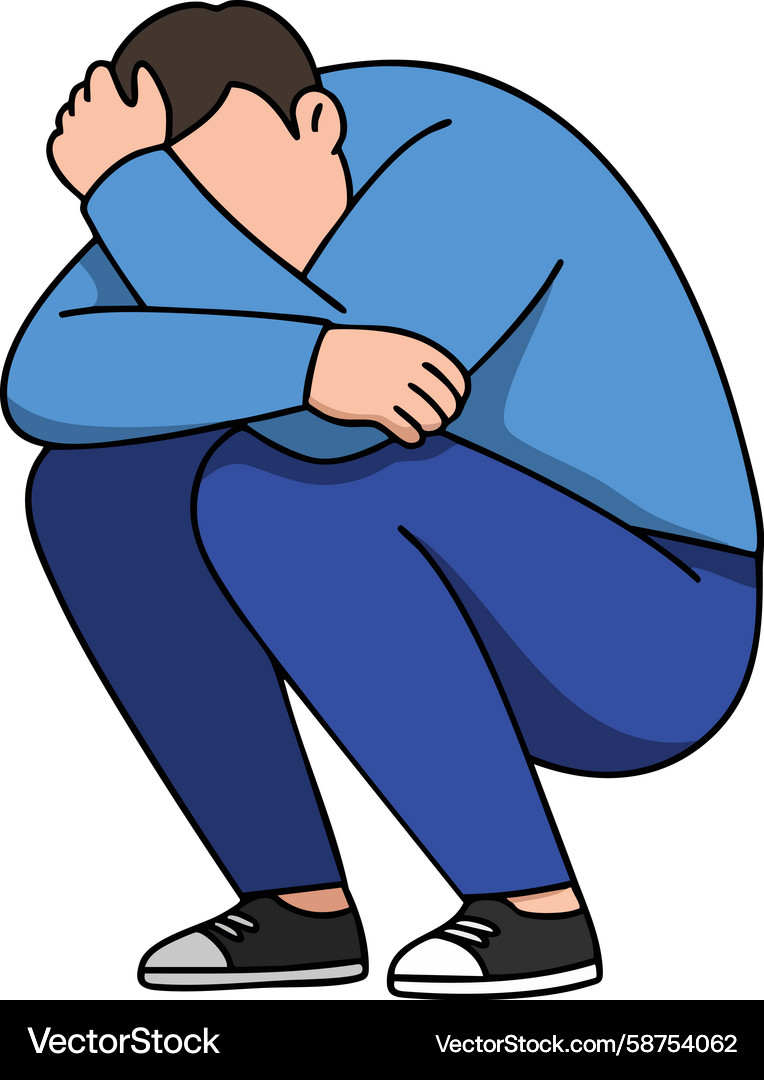 Man crouching with head in hands expressing Man crouching with head in hands expressing Vector Image