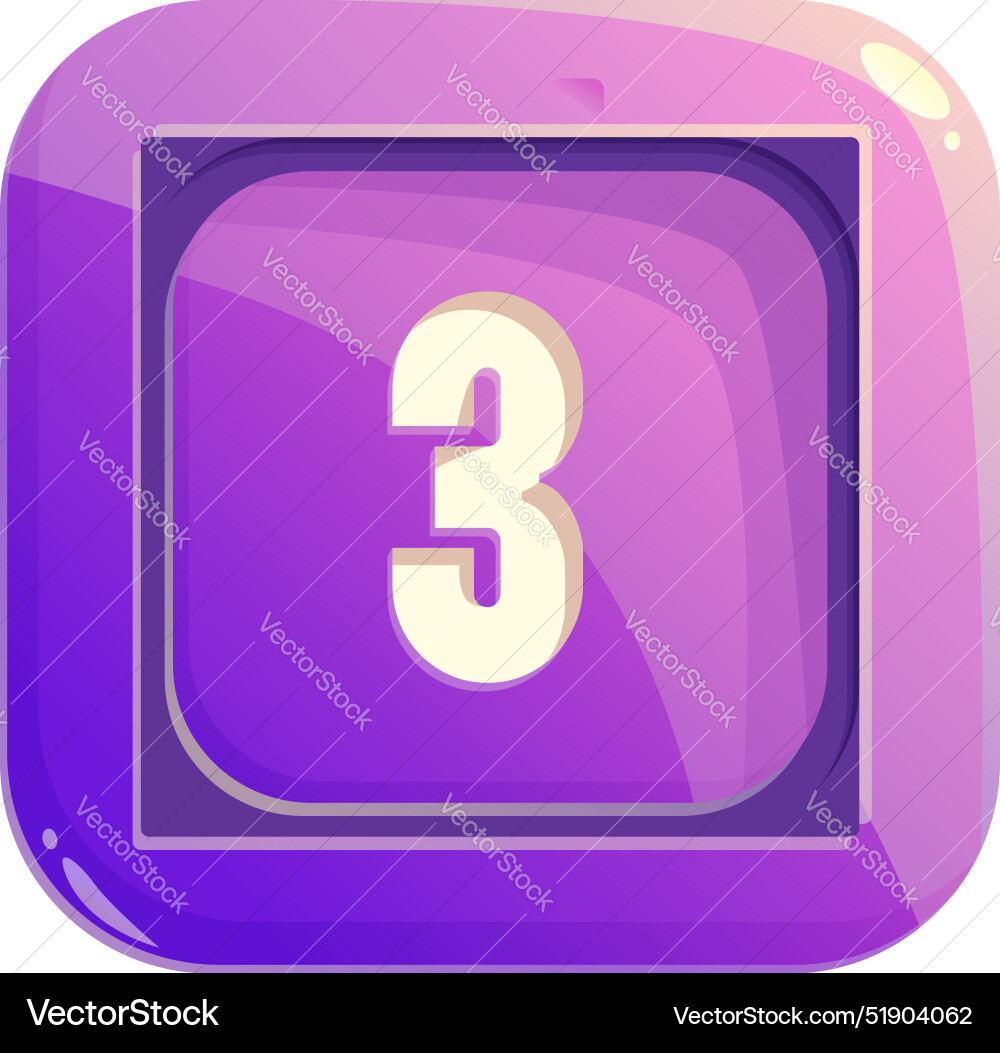 Purple square button showing number three Purple square button showing number three vector image