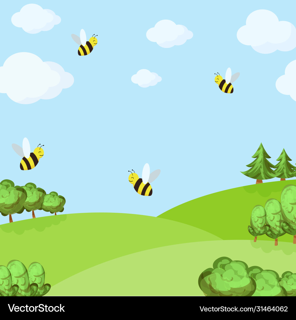 Spring background with bees in field and blue Vector Image