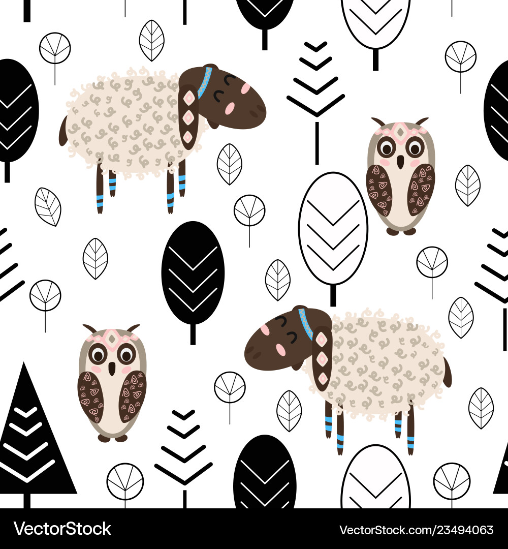 Seamless pattern with lamb and owl in forest scand Seamless pattern with lamb and owl in forest scand vector image