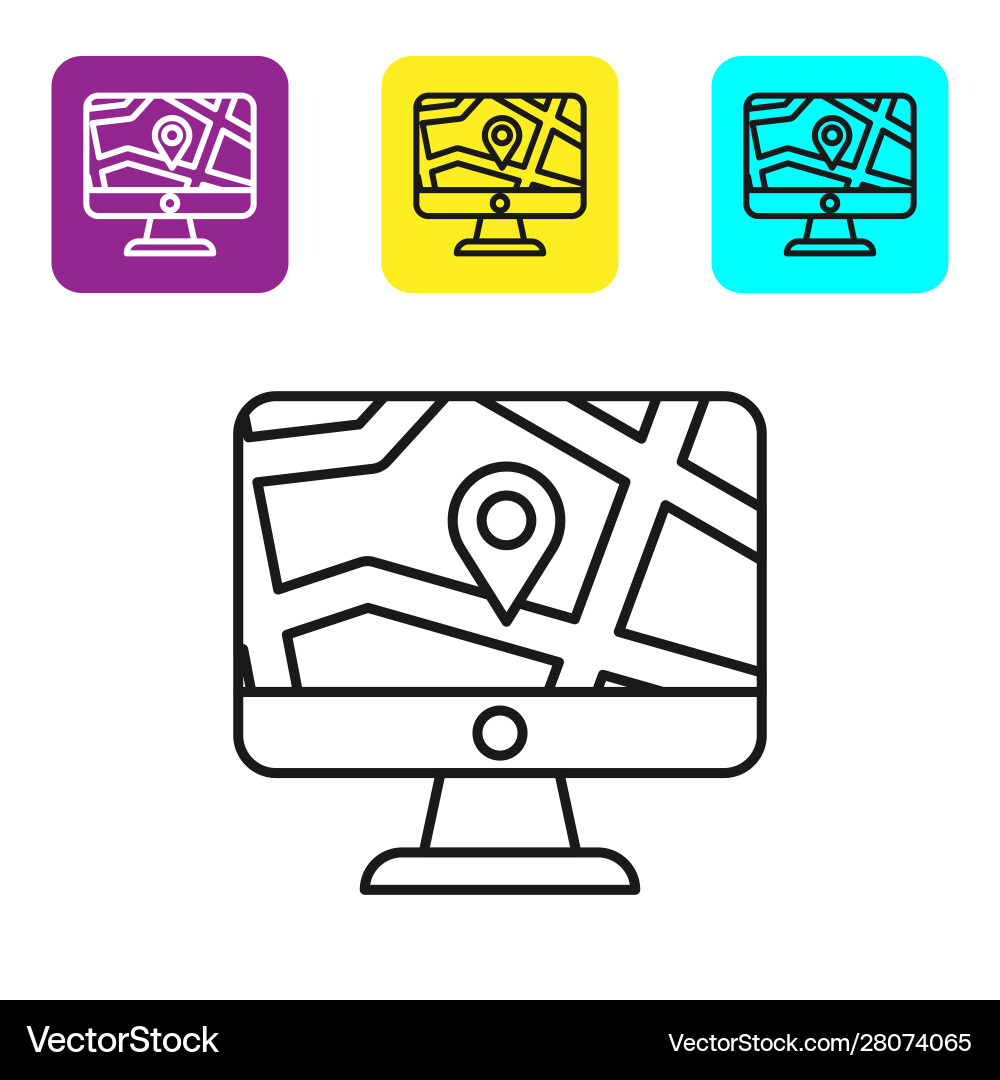 Black line computer monitor and folded map Black line computer monitor and folded map Vector Image