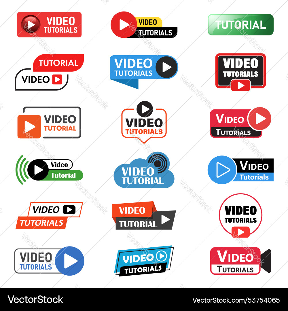 Play video tutorials icon set in flat style Play video tutorials icon set in flat style vector image