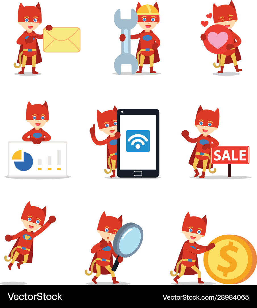 Set character cat male in a super hero costume Set character cat male in a super hero costume vector image