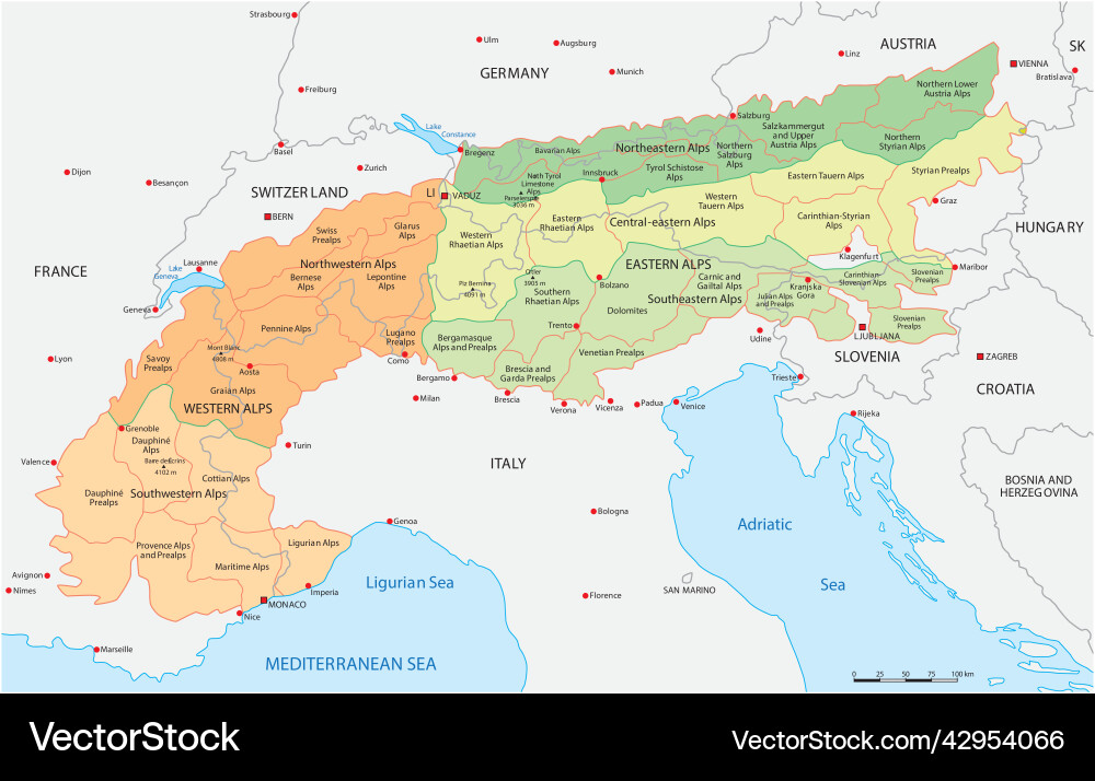 Detailed map division of european alps Detailed map division of european alps vector image