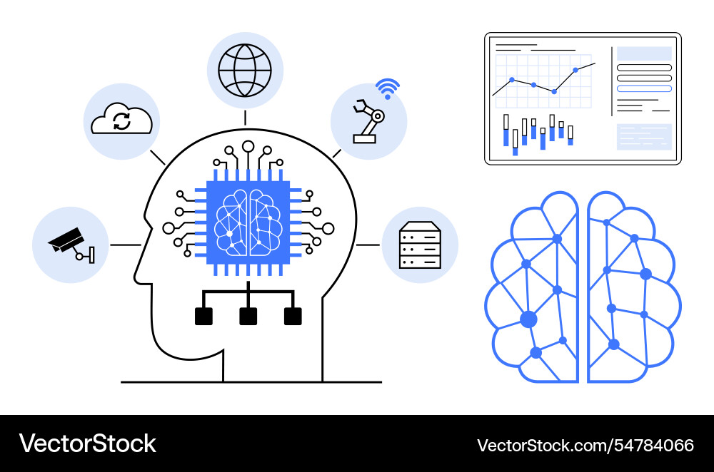Human brain with microchip core and connected Human brain with microchip core and connected vector image