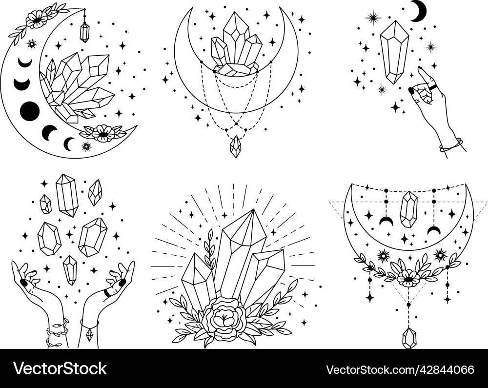 Mystery crystals line art celestial gems moon Mystery crystals line art celestial gems moon vector image