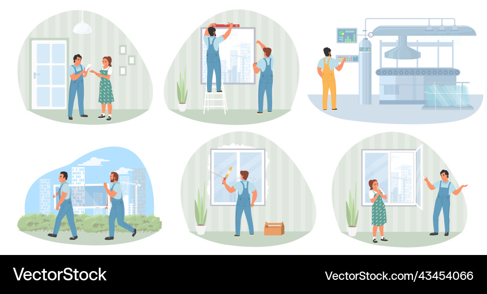 Plastic window install service scene set Vector Image