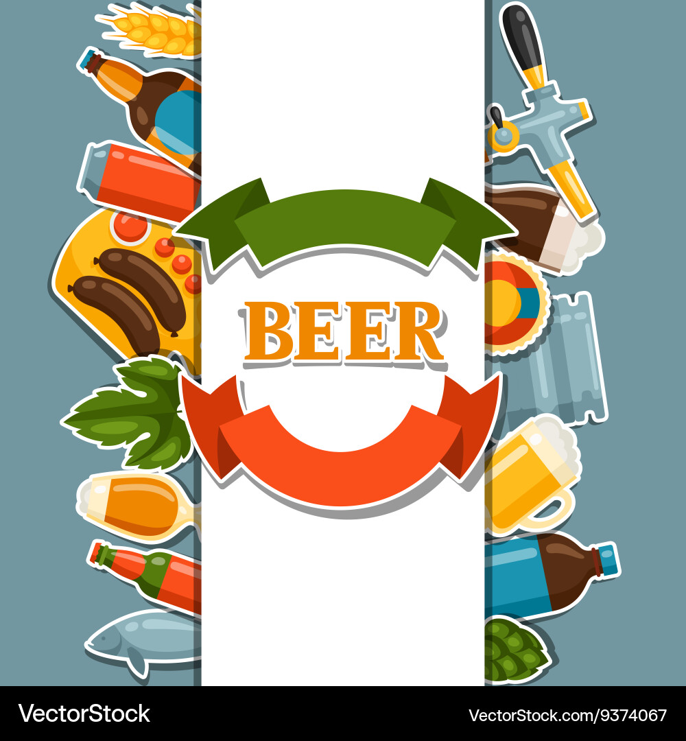 Background design with beer stickers and objects vector image