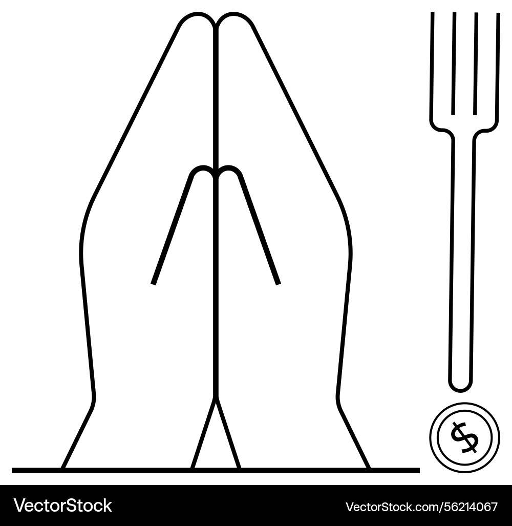 Praying hands with fork and coin emphasizing Praying hands with fork and coin emphasizing vector image