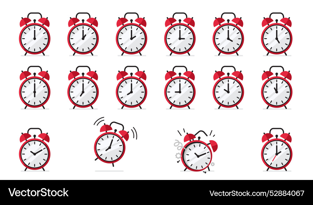 Red alarm clock in flat style simple icon set Red alarm clock in flat style simple icon set vector image