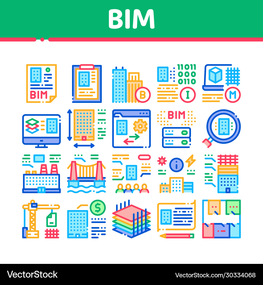 Bim building information modeling icons set Bim building information modeling icons set vector image