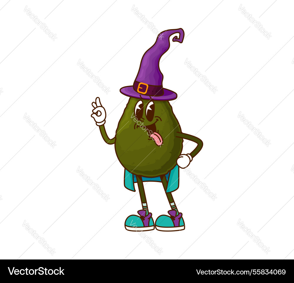 Cartoon groovy avocado halloween wizard Gemüse Cartoon groovy avocado halloween wizard Gemüse vektorbild