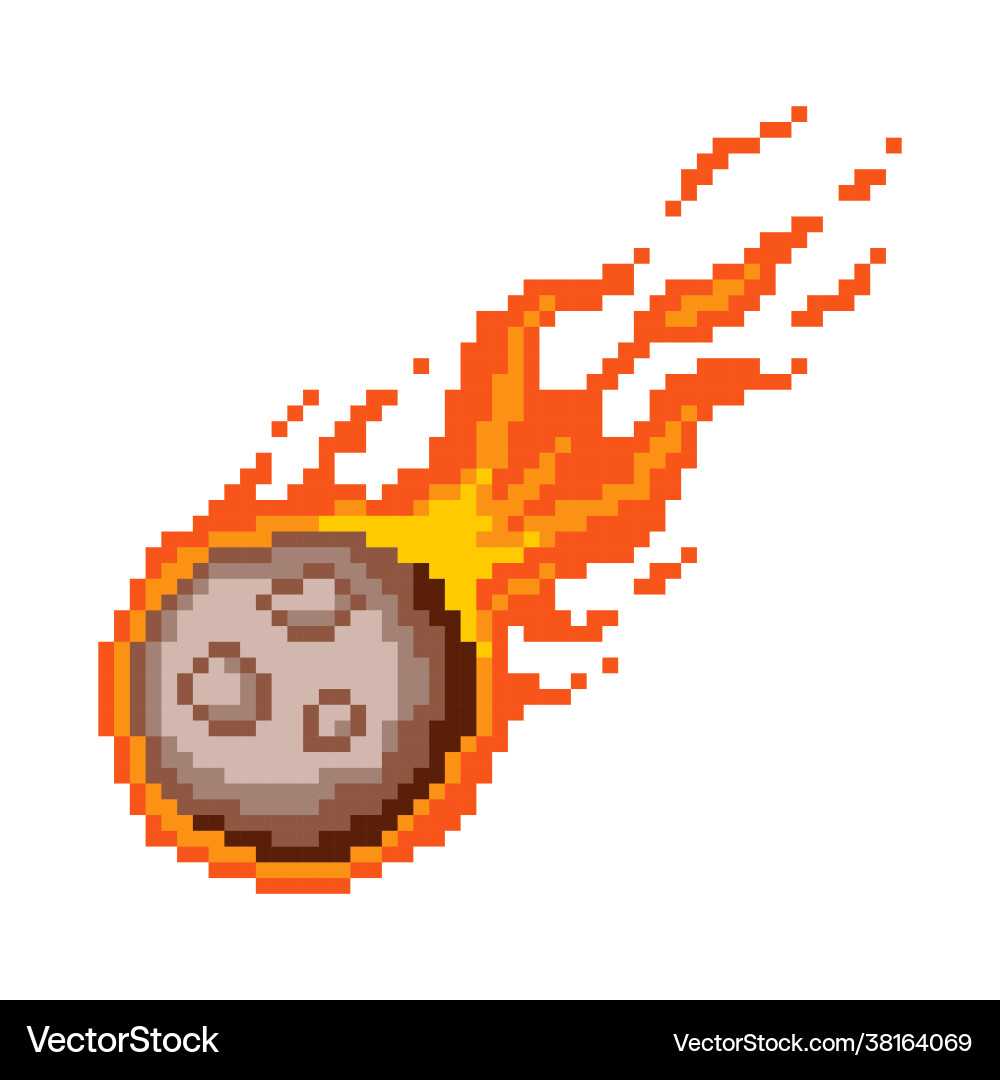 Falling fiery pixel meteor flaming asteroid vector image