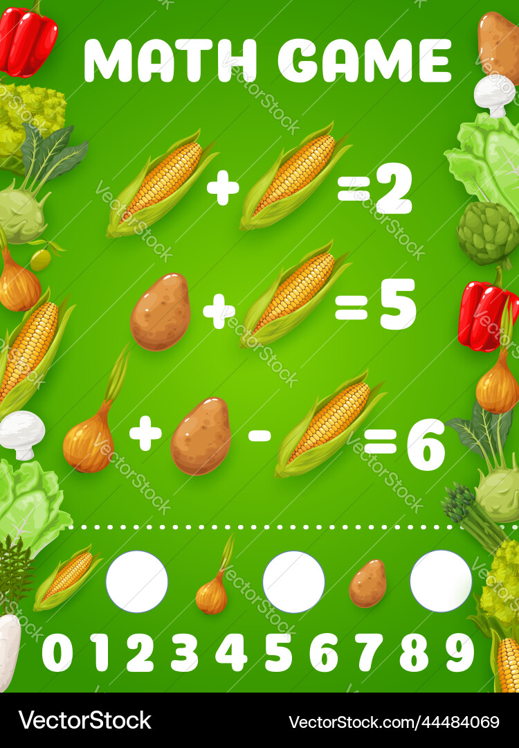 Math game worksheet of cartoon raw vegetables Math game worksheet of cartoon raw vegetables vector image