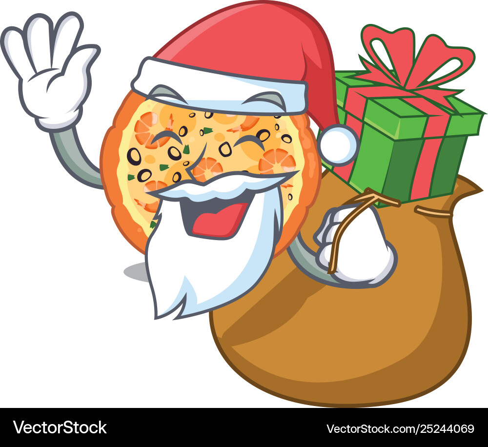 Santa mit Geschenk Meeresfrüchte Pizza über Cartoon Santa mit Geschenk Meeresfrüchte Pizza über Cartoon vektorbild