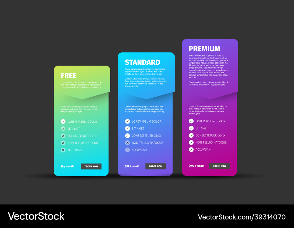 Pricing table dark gradient template with three Pricing table dark gradient template with three vector image