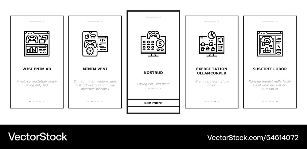 Game development computer onboarding icons set Game development computer onboarding icons set vector image