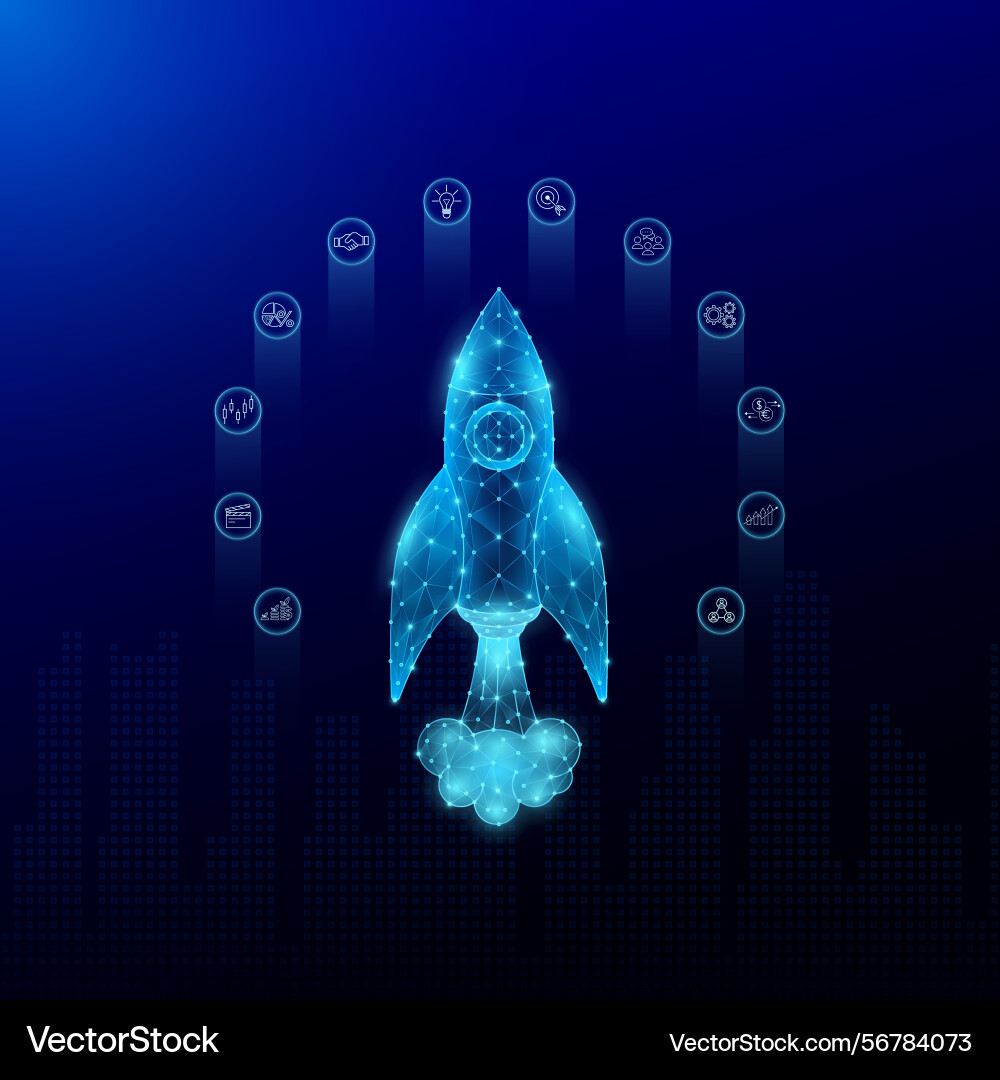 Digital spaceship rocket flies up into outer Digital spaceship rocket flies up into outer Vector Image