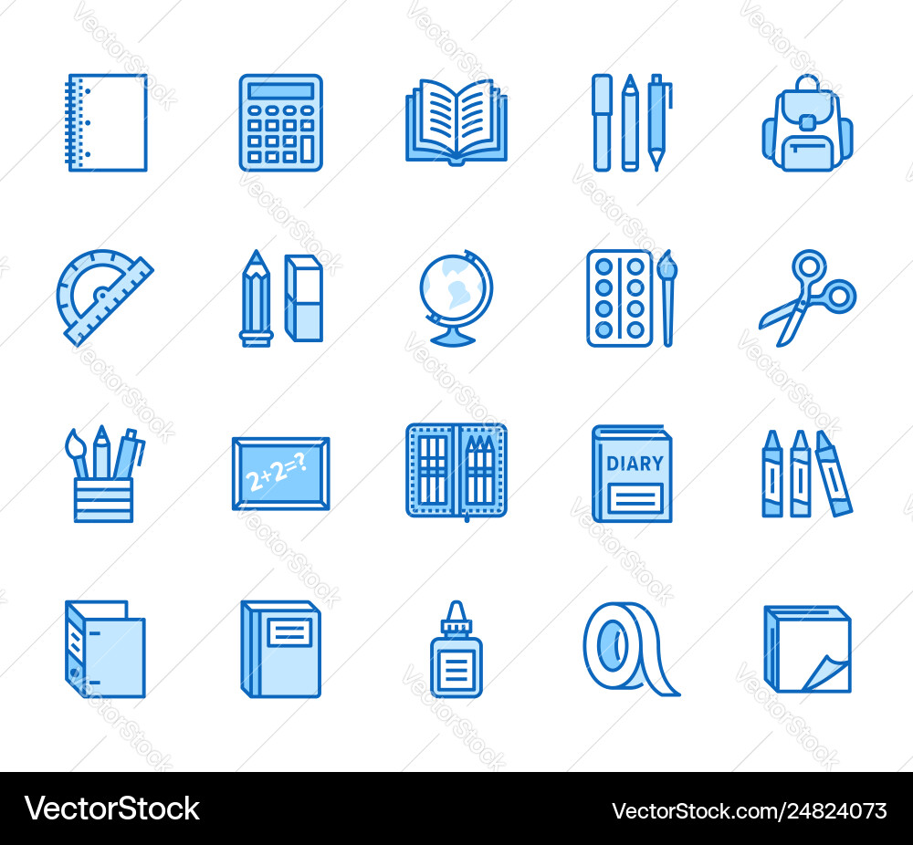 School supplies flat line icons set study tools School supplies flat line icons set study tools vector image