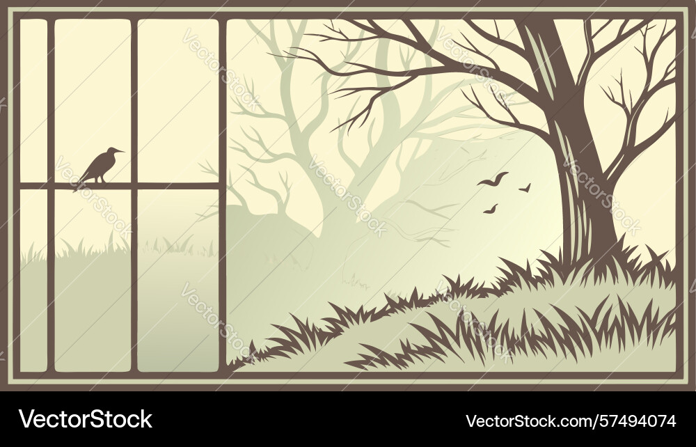 Empty window frame overlooking tranquil forest vector image
