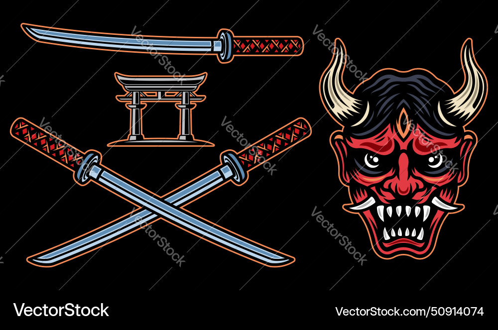 Samurai set of objects or design elements vector image