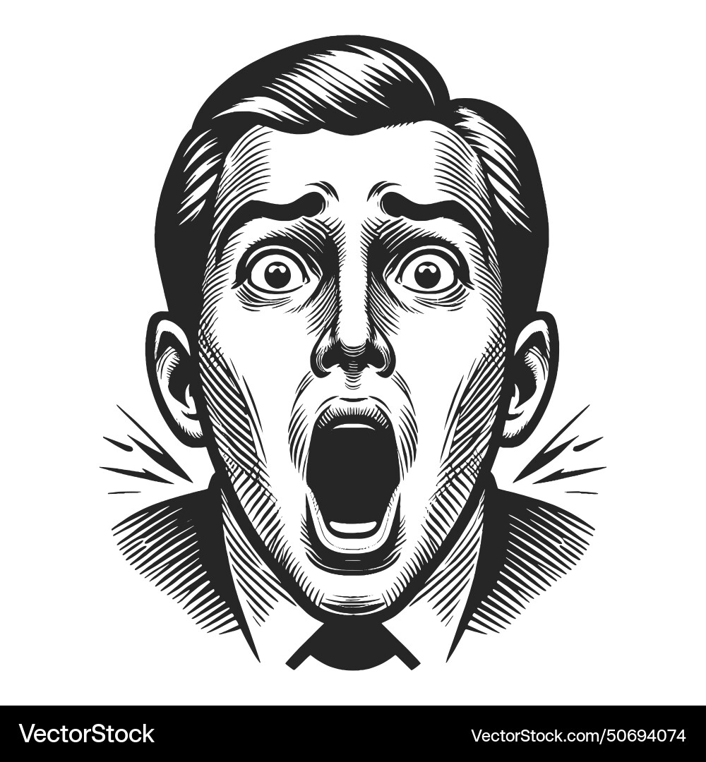 Shocked man expression retro art style Royalty Free Vector