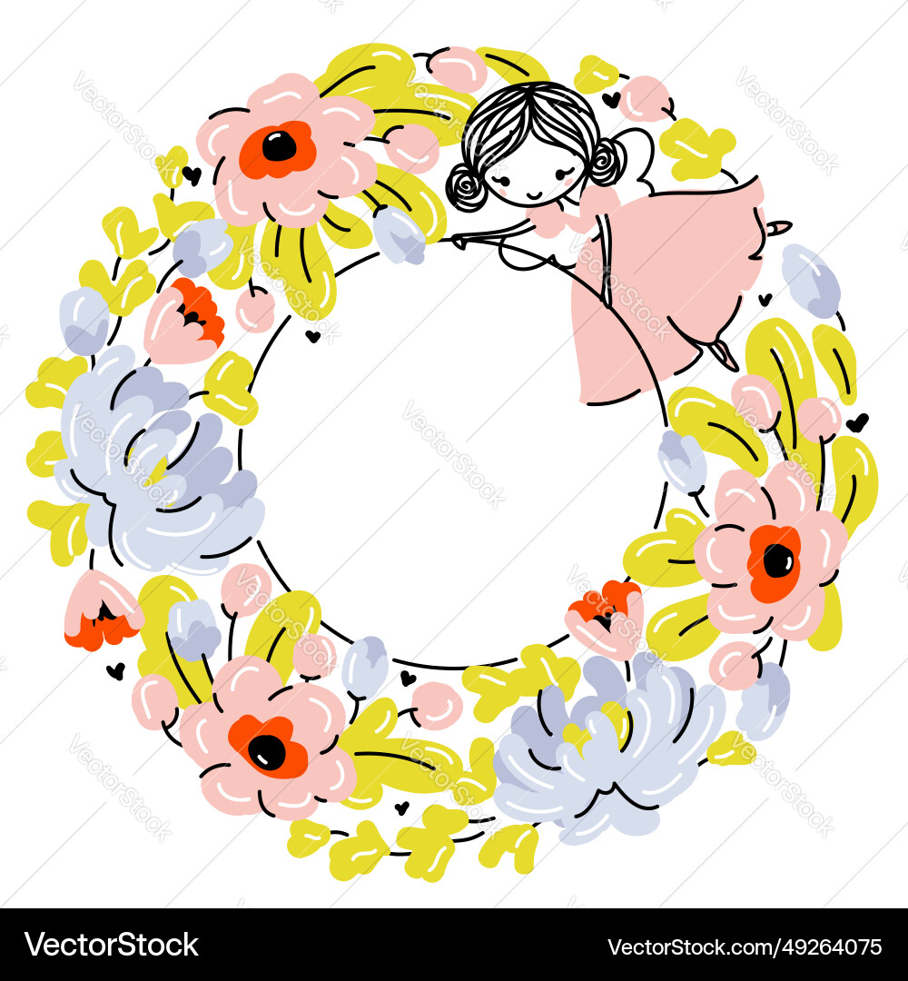 Süßer Blumenkranz und kleine Mädchen mit Flügeln Süßer Blumenkranz und kleine Mädchen mit Flügeln vektorbild