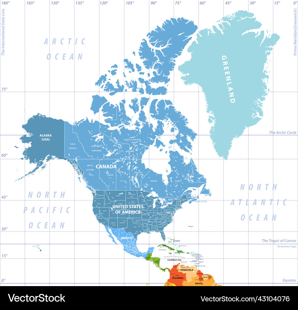 Detailed North America Political Map Vector Image