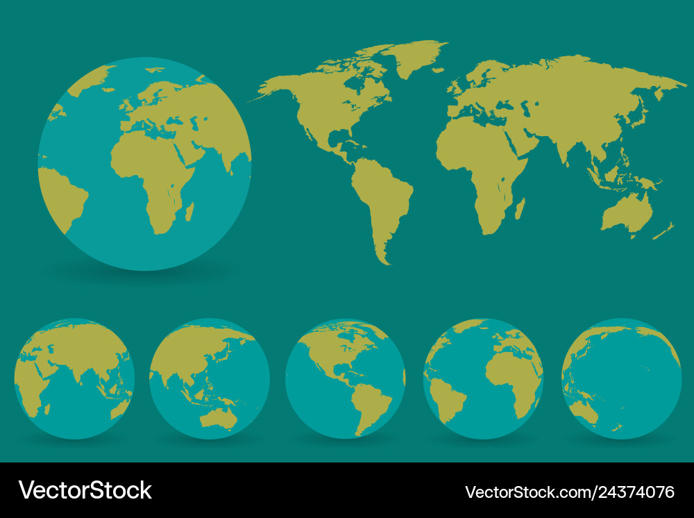 Set of globes with different continents and a map Set of globes with different continents and a map vector image