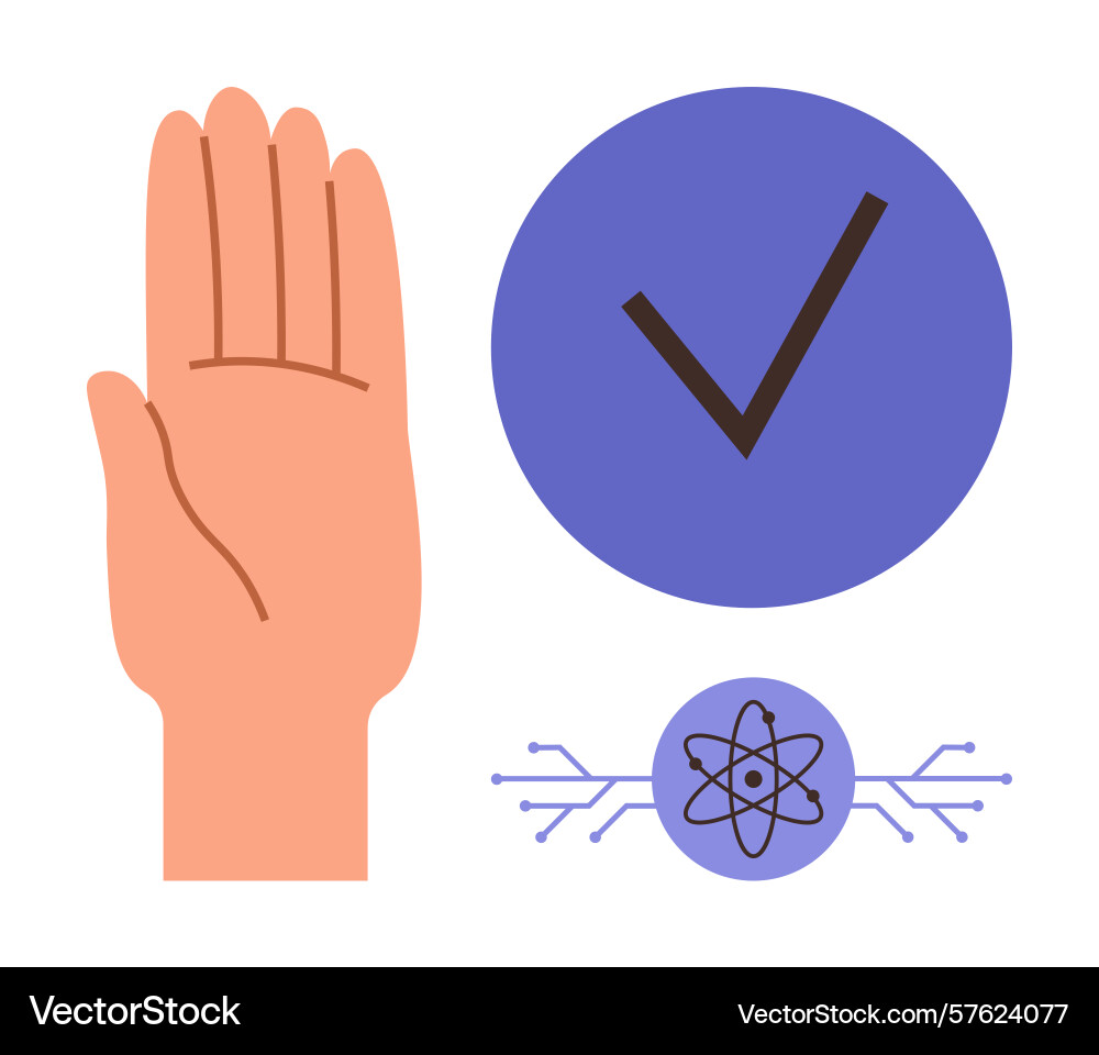 Hand gesture with checkmark and atom symbol Hand gesture with checkmark and atom symbol vector image