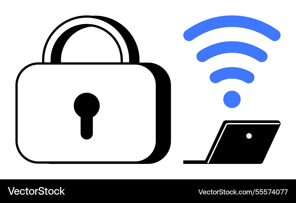 Securing wireless networks lock and laptop Securing wireless networks lock and laptop Vector Image