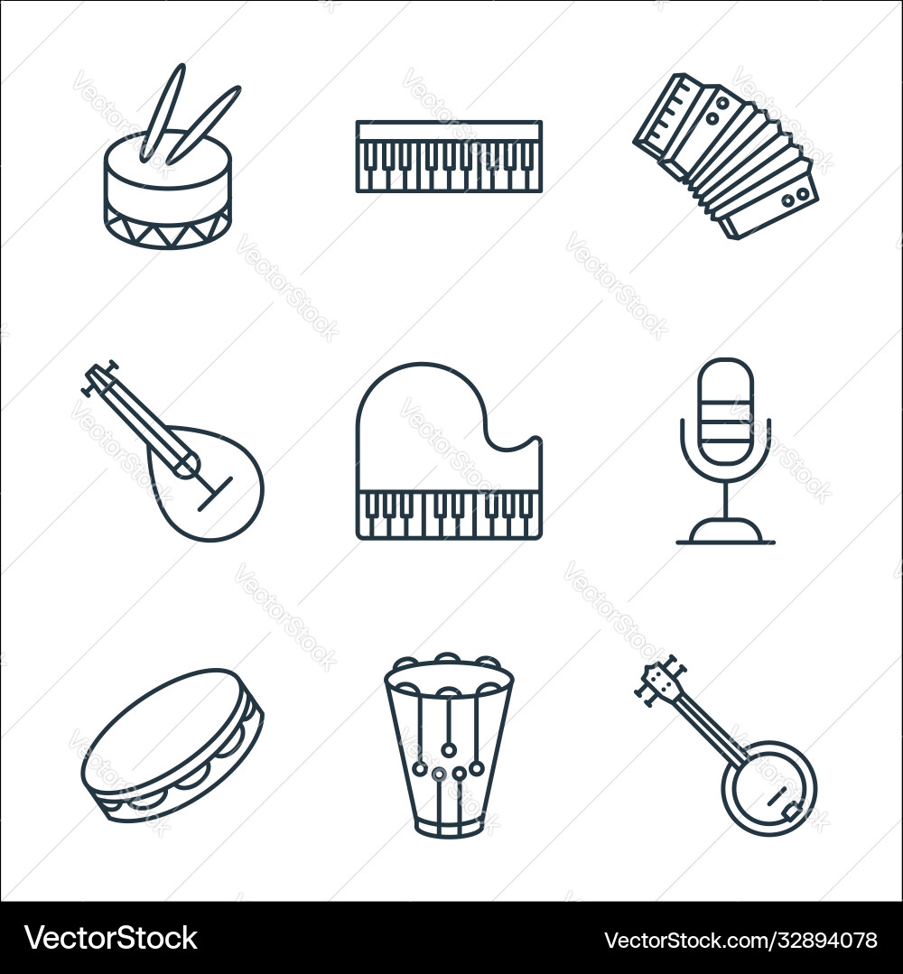 Music instruments line icons linear set quality Music instruments line icons linear set quality vector image