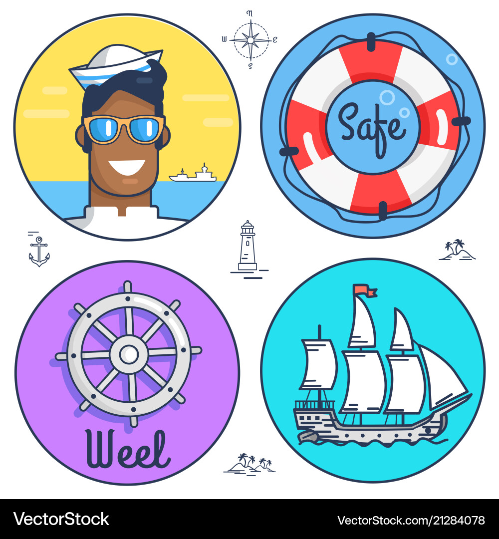 Set of circle marine icons and other objects Vector Image