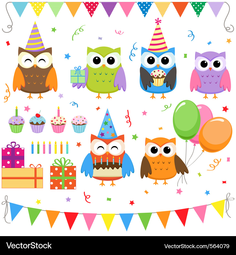 Cute Owl Birthday Party Set vector image
