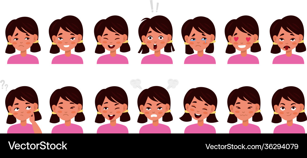 Kid face emotions set wenig süß mädchen Kid face emotions set wenig süß mädchen vektorbild