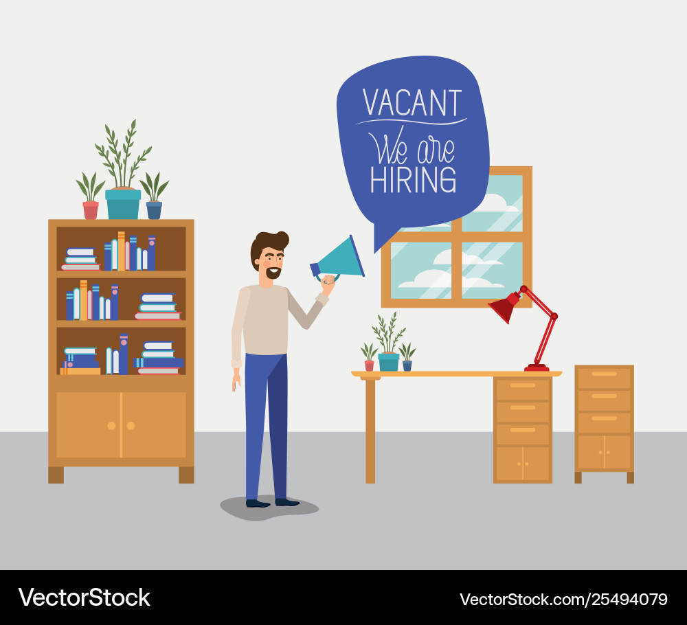 Man using megaphone with we are hiring message Vector Image