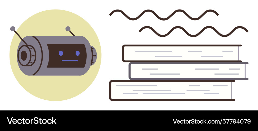 Robot head and stacked books representing ai Vector Image
