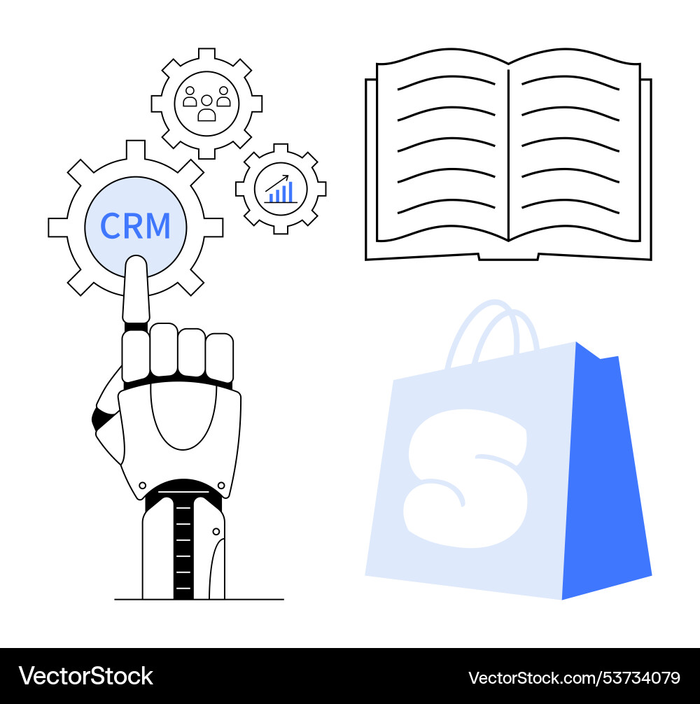 Robotic hand interacts with crm open book Robotic hand interacts with crm open book vector image