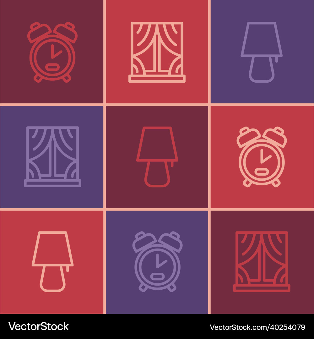 Set line alarm clock table lamp and window Set line alarm clock table lamp and window vector image