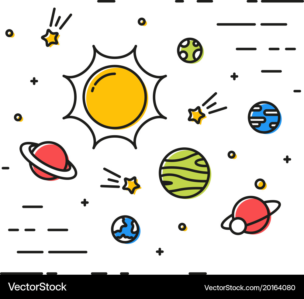 Colorful linear space with planets simple vector image