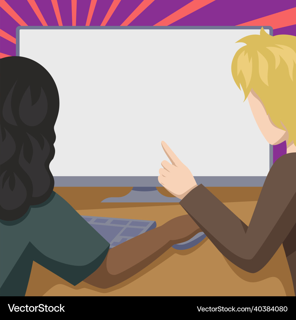 Couple drawing using desktop computer helping vector image