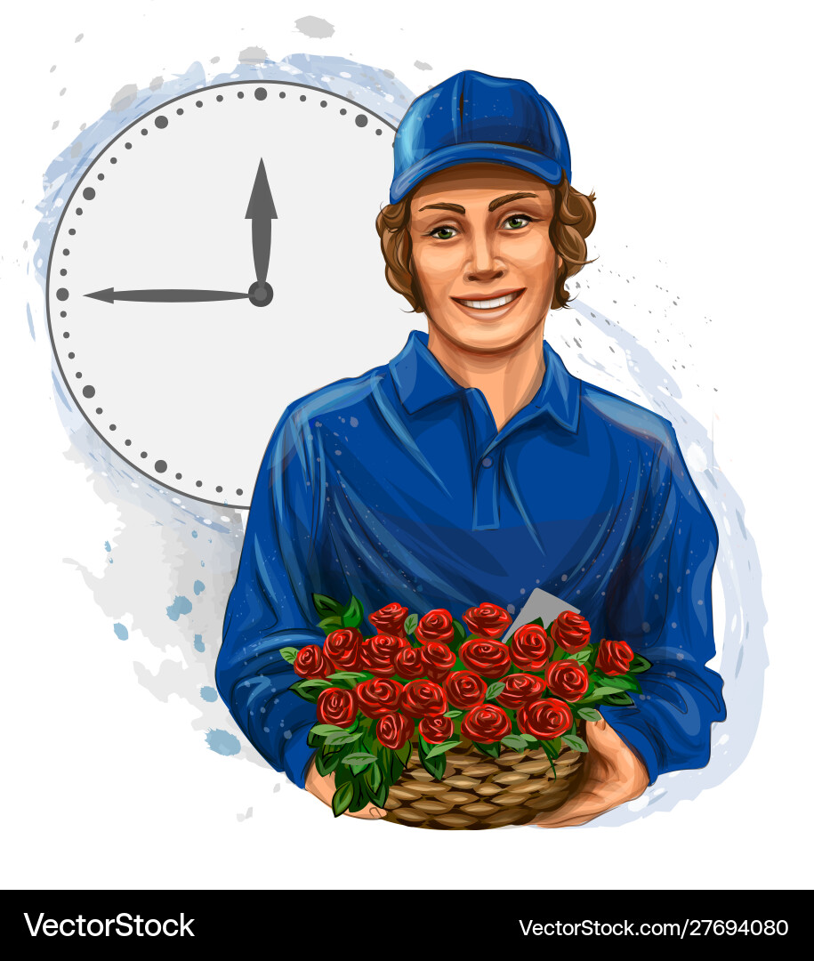 Flower delivery boy courier seller vector image