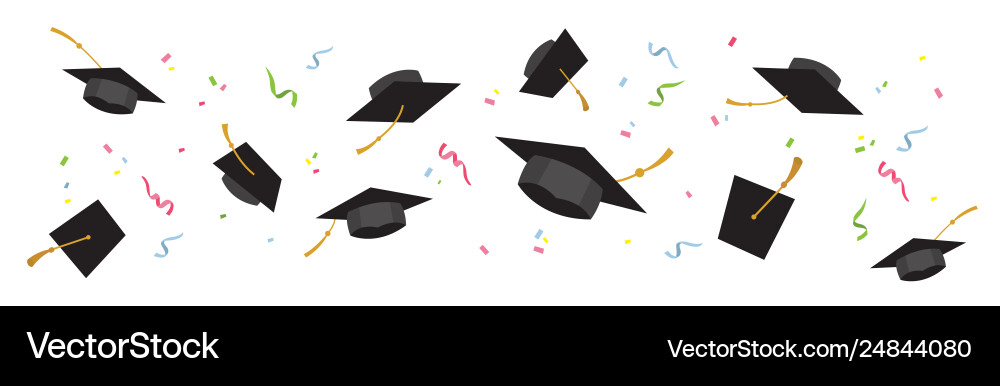 Graduating black caps up in air on a white Graduating black caps up in air on a white vector image