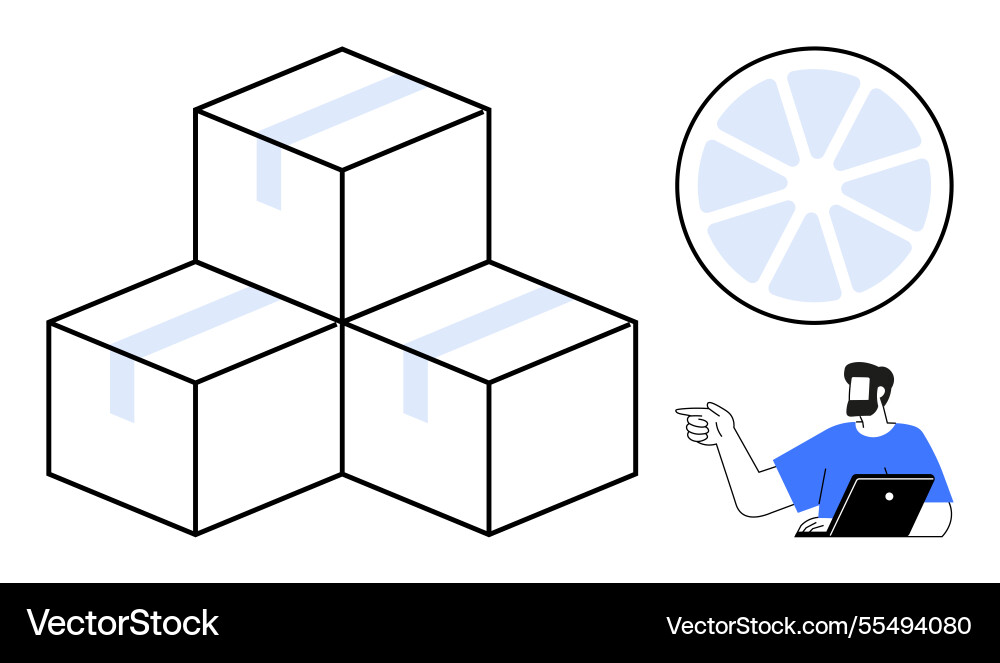 Man pointing at stacked boxes with virtual pie Man pointing at stacked boxes with virtual pie Vector Image