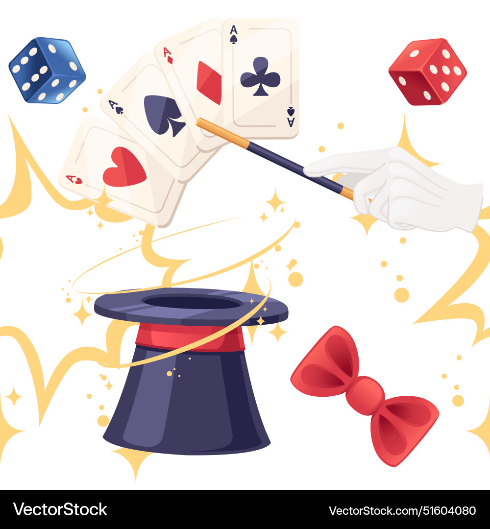 Seamless pattern dark magic hat with playing dice Seamless pattern dark magic hat with playing dice Vector Image
