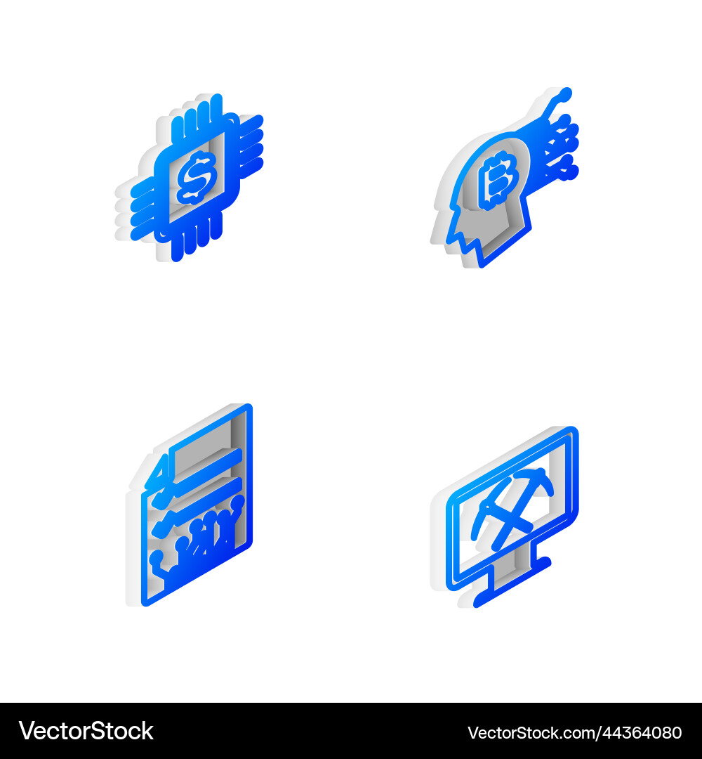 Set isometric line bitcoin think processor chip vector image